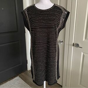 Mango Black and Silver Beaded Short Sleeve Shift-Style Shirt Dress Size S